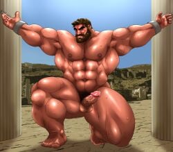 balls bara beard boner erection facial_hair greek_mythology hercules hitenmaru male male_only muscles muscular mythology nude on_one_knee penis solo solo_male sweat sweating