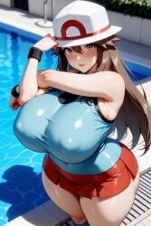 adult_female ai_generated big_breasts big_butt female hat leaf leaf_(pokemon) pokemon pose round_ass sexy skirt sleeveless_shirt stretching swimming_pool thick_thighs ul7990