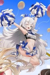 absurdres arms_up blue_eyes blush breasts cheerleader female goddess_of_victory:_nikke grey_hair highres huge_thighs long_hair looking_at_viewer navel one_eye_closed open_mouth outdoors petite poli_(cheer_up_police)_(nikke) poli_(nikke) skirt small_breasts smile solo_focus teddy_(khanshin) thick_thighs wide_hips