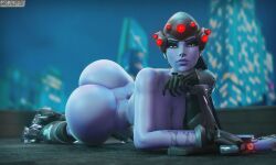 3d ass blender blender_(software) blue_hair blue_skin blurry_background bodysuit bubble_butt full_color glowing_eyes hasfeldt highres lying lying_on_side naked no_penetration no_sex orange_eyes overwatch overwatch_2 solo solo_female thick_ass thighs watermark widowmaker