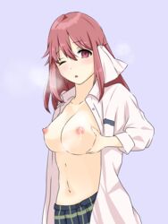 blush breasts brown_hair female lactation large_breasts navel nipples no_bra open_shirt red_eyes sakura_trick skirt solo takayama_haruka