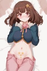 ai_generated brown_hair clothing dressed huge_breasts nude on_bed ricochetk school_uniform short_hair starvtuber virtual_youtuber vtuber wide_hips