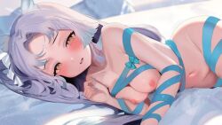 gift_wrapped gift_wrapping indie_virtual_youtuber long_hair lying_on_bed mia_sova on_bed on_side owl_ears owl_girl virtual_youtuber vtuber white_hair yellow_eyes