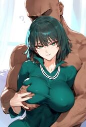 1boy 1girls ai_generated bare_arms bare_shoulders big_breasts blush color dark-skinned_male dark_skin female fubuki_(one-punch_man) generic_dark-skinned-muscular_male grabbing_breasts green_eyes green_hair hand_on_breast hi_res interracial large_breasts light-skinned_female light_skin looking_at_viewer male male/female muscles muscular muscular_male nakatori one-punch_man short_hair