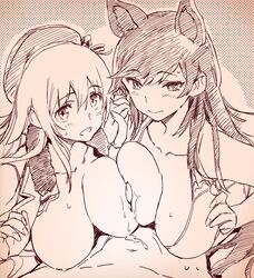 2girls animal_ears atago_(azur_lane) atago_(kantai_collection) azur_lane blush breast_press breasts cat_ears cleavage cum double_paizuri group_sex kantai_collection large_breasts long_hair looking_at_viewer looking_up multiple_girls multiple_paizuri open_clothes open_mouth paizuri penis sameda_koban sweat symmetrical_docking threesome