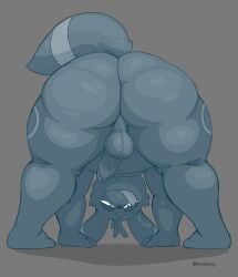 2023 alex_(epic_alex_furry) all_fours anthro artist_name ass backsack balls belly big_butt biped cheek_tuft chest_tuft eeveelution erection facial_tuft generation_2_pokemon genitals glans grey_background half-closed_eyes huge_butt humanoid_genitalia humanoid_penis locitony looking_through looking_through_legs male mammal markings narrowed_eyes navel nintendo overweight overweight_anthro overweight_male penis perineum pokemon pokemon_(species) ring_(marking) shadow simple_background solo striped_markings striped_tail stripes tail tail_markings tail_tuft thick_thighs tongue tongue_out tuft umbreon