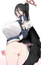 1futa ass big_ass big_breasts big_penis black_hair blue_archive bottomless breasts clothed clothing erection futa_only futanari hasumi_(blue_archive) hasumi_(gym_uniform)_(blue_archive) huge_breasts human light-skinned_futanari light_skin long_hair nebaneba partially_clothed penis sideboob solo standing translucent translucent_clothing wings