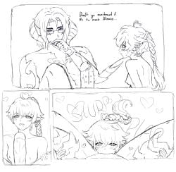 alisaie_leveilleur black_and_white breasts fellatio glasses heart imminent_oral meme multiple_panels oral ranier_layarte sketch white_hair