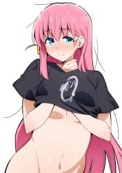 black_shirt blue_eyes blush bocchi_the_rock! bottomless breasts cube_hair_ornament female gotoh_hitori hair_ornament hands_up highres long_hair looking_at_viewer medium_breasts navel one_side_up pink_hair sakura_1110ssmm shirt short_sleeves simple_background solo sweatdrop underboob wavy_mouth white_background