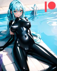 ai_generated bodysuit breasts female kuriboh_ex_(artist) latex latex_suit oppai pussy rubber rubber_suit turquoise_eyes turquoise_hair