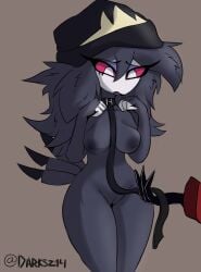 anthro avian bird breasts clothing darksz7 demon feathers female genitals hair headgear headwear helluva_boss hi_res long_hair nipples octavia_(helluva_boss) owl owl_demon pink_sclera pupils pussy solo white_pupils