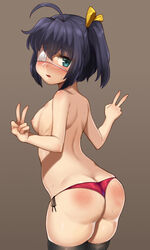 absurdres ahoge ass ass_cleavage back bangs bare_arms bare_shoulders bikini black_hair black_legwear blue_eyes blush body_blush breasts breath brown_background butt_crack chuunibyou_demo_koi_ga_shitai! cowboy_shot double_v eyebrows_visible_through_hair eyepatch fat_ass female fingernails fluids from_behind gradient gradient_background hair_between_eyes hair_ornament hair_ribbon hands_up highres legs_together long_fingernails looking_at_viewer looking_back nipples nt00 one_side_up open_mouth patreon_reward ribbon short_hair shoulder_blades side-tie_bikini simple_background skindentation small_breasts solo spanked standing string_bikini sweat swimsuit takanashi_rikka thighhighs thighs thong thong_bikini topless v yellow_ribbon