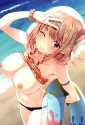 beach bikini bikini_top_lift blonde_hair blush breasts clothes_lift female from_above highres innertube izumi_mahiru large_breasts looking_at_viewer looking_up lycoris_recoil navel nipples nishikigi_chisato non-web_source ocean one_eye_closed outdoors red_eyes short_hair sideboob smile solo sweat swim_ring swimsuit v