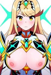 2d aerolae ai_generated blonde_hair blush breasts breasts_focus core_crystal execro female flashing_breasts highres mythra nintendo nipples novelai pink_nipples pov pov_male presenting_breasts solo super_smash_bros. uncensored xenoblade_(series) xenoblade_chronicles_2