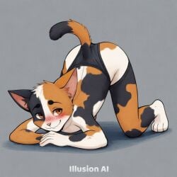 ai_generated alice_(fan_character) ass_up black_underwear blushing blushing_at_viewer brown_eyes calico_cat catboy feline feline_humanoid femboy illusion_ai oc on_all_fours on_floor original_character paws