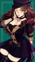 1girls black_choker black_hat blush breasts brown_hair cabbie_hat choker cleavage closed_mouth dorothea_arnault female female female_only fire_emblem fire_emblem:_three_houses garreg_mach_monastery_uniform green_background green_eyes hand_on_own_face hat highres large_breasts lips long_hair looking_at_viewer nintendo one_eye_closed pink_lips sadakadeha_nai simple_background smile solo wavy_hair