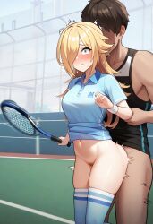 1boy 1girls ai_generated anal anal_sex asian_male_white_female blonde_hair blush embarrassed female hair_over_one_eye male mario_(series) mario_tennis nervous nervous_expression novelai painal princess_rosalina public questionable_consent sex standing_doggy_style standing_sex straight taken_from_behind tennis_racket tennis_uniform thighhighs