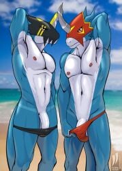 anthro armor bandai_namco beach clothing clothing_pull digimon digimon_(species) duo flamedramon genitals hand_behind_head headgear helmet hi_res iudicium86 male male/male nipples outside penis raidramon slim summer suntan swimwear swimwear_pull tan_line thong underwear