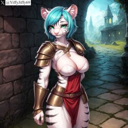 ai_generated animal_ears anthro armor artist_name belt blue_hair breasts brick_wall cleavage closed_mouth cowboy_shot day feline female furry furry_female green_eyes large_breasts looking_at_viewer outdoors pauldrons pelvic_curtain short_hair shoulder_armor smile solo stable_diffusion tiger tiger_ears twitter twitter_username vambraces watermark white_tiger yiffyjiffy69