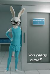 anthro bel_(onlyathrowaway) big_penis blender_(artwork) bottomwear breeder bulge clothing dialogue digital_media_(artwork) eyewear genitals glasses gloves handwear hi_res huge_cock lagomorph latex legwear leporid looking_at_viewer male mammal onlyathrowaway penis rabbit shorts solo stockings text