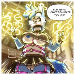 1:1 angry anthro areola big_breasts blue_areola blue_body blue_doggo blue_eyes blue_fur blue_hair blue_nipples blue_pussy blue_tail bottomwear breasts canid canine choker clothed clothing clothing_lift crop_top danna_(danna_nsfw270) danna_nsfw270 digital_media_(artwork) electricity female fluffy fluffy_tail fur genitals hair harness hi_res huge_breasts jewelry lightning looking_at_viewer low-angle_view mammal necklace nipples open_mouth powerful pussy raised_bottomwear raised_clothing raised_shirt raised_skirt raised_topwear shaded shirt shirt_lift simple_background skirt skirt_lift slightly_chubby solo speed_lines tail teeth text topwear upskirt