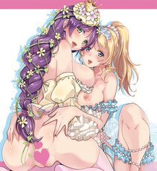 2girls ass ayase_eli blonde_hair blue_eyes braid breasts censored couple crown flower green_eyes hair_ornament heart heart_censor large_breasts long_hair looking_at_viewer love_live! love_live!_school_idol_project misu_kasumi multiple_girls nipples open_mouth ponytail purple_hair pussy scrunchie tongue toujou_nozomi yuri