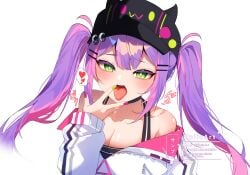 absurdres after_fellatio black_hat breasts cleavage cum cum_in_mouth female hat highres hololive medium_breasts open_mouth purple_hair solo succubus tokoyami_towa twintails virtual_youtuber weiic