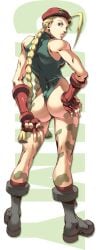 1girls alvin_lee ass back blonde_female blonde_hair blue_eyes boots cammy_white capcom christine_choi female female_only green_leotard leotard light_skin long_hair solo solo_female street_fighter