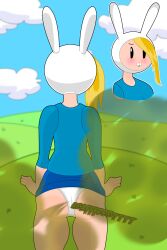 adventure_time ass ass_focus biting_lip blonde_hair blonde_hair blue_shirt blue_skirt bunny_ears embarrassed fart fart_fetish fionna_the_human_girl grass hat in_public outside panties smell smelly stinkify white_hat white_panties