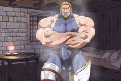 balls bara boner crossed_arms erection erection_under_clothes facial_hair hitenmaru male male_only muscles muscular musk penis solo solo_male sweat sweating