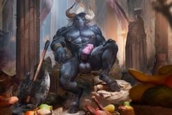 1boy 2024 abs alcohol animal_genitalia animal_penis anthro anthro_only armband axe bad_dragon balls barazoku beefy beverage biceps big_balls big_muscles big_penis black_fur body_fur bottle bovine bovine_genitalia bovine_penis bowl bracelet chair container deltoids detailed detailed_background ear_piercing ear_ring european_mythology facial_piercing food frenulum_piercing furniture genital_piercing genitals gold_(metal) gold_jewelry greek_mythology hi_res hooves horn_jewelry horn_ring horns huge_balls huge_cock huge_muscles inside jewelry looking_at_viewer male male_nipples male_only mammal manly medial_ring melee_weapon minotaur muscles muscular_anthro muscular_male mythology nipple_chain nipple_piercing nipple_ring nipple_rings nose_piercing nose_ring nude_male pecs penis penis_piercing piercing precum ring_(jewelry) ring_piercing ruins scar semi-erect septum_piercing sitting solo spectrumshift taurion_the_minotaur thick_penis thick_thighs throne tuft weapon