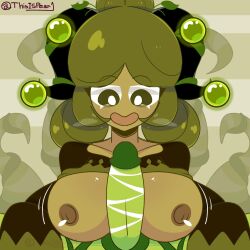 bean_smile breasts cookie_run cookie_run_kingdom frostone green_eyes green_hair green_penis horns looking_at_penis matcha_cookie partially_clothed