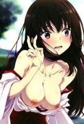 averting_eyes black_hair blush breasts breasts_out embarrassed female highres inoue_takina izumi_mahiru japanese_clothes large_breasts long_hair lycoris_recoil miko nipples no_bra non-web_source open_mouth outdoors purple_eyes solo upper_body v