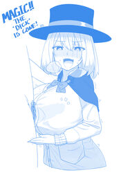 1boy 1girls bar_censor blue blush bow bowtie breasts capelet cardigan censored cropped_torso ekz english erection eyebrows_visible_through_hair female from_side hair_between_eyes hand_on_another's_shoulder hat head_tilt heavy_breathing highres huge_breasts invisible_penis long_sleeves looking_at_viewer male_pubic_hair monochrome motion_lines nose_blush paizuri partially_colored penis perpendicular_paizuri pubic_hair sketch solo_focus straight sweat tejina_senpai tejina_senpai_(character) top_hat white_background