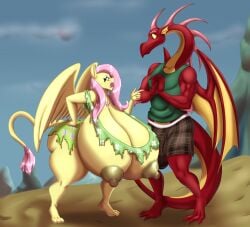 absurd_res anthro anthrofied areola big_breasts biped blues64 breasts bulge detailed_bulge dragon duo equid equine feathers fluttershy_(mlp) friendship_is_magic genital_outline hair hasbro hi_res huge_breasts hyper hyper_breasts male mammal marauder6272 membrane_(anatomy) membranous_wings my_little_pony mythological_creature mythological_equine mythological_scalie mythology nipples pegasus penis_outline pink_hair red_body scalie thick_thighs wings yellow_body yellow_feathers