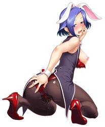 animal_ears ass bangs blue_eyes blue_hair blush breasts bunny_ears bunny_tail bunnysuit casino commentary earrings eyebrows_visible_through_hair fake_animal_ears female female high_heels highres indoors jewelry kneeling line_art looking_at_viewer looking_back lovina_(taimanin_asagi_battle_arena) medium_breasts naughty_face nipples open_mouth pantyhose pussy_juice saliva shiny short_hair simple_background smile solo sweat tail taimanin_(series) taimanin_asagi_battle_arena wrist_cuffs zol