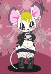 animal_crossing anthro bella_(animal_crossing) big_hair bikini black_bikini black_boots black_clothing black_eyes black_eyeshadow black_footwear black_swimwear black_topwear blonde_hair boots breasts buckteeth cigarette cigarette_in_mouth clothed clothing collar dipstick_ears ear_markings ear_piercing eyeshadow female fishnet_clothing fishnet_legwear fishnet_topwear fishnets footwear freckles front_view fur furry genitals grey_body grey_fur hair hand_in_pocket hands_in_both_pockets hi_res hip_tattoo legwear looking_at_viewer makeup mammal mouse multicolored_ears murid murine navel nintendo object_in_mouth open_clothing open_topwear piercing pink_background pockets pussy pussy_peek rodent rosy_cheeks shoes short_stack simple_background slightly_chubby small_breasts smile smoking solo spiked_collar spikes swimwear tattoo teeth thick_thighs topwear two-piece_swimsuit video_games vono white_body white_fur wide_hips