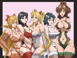 5girls ami_mizuno bishoujo_senshi_sailor_moon black_hair blonde_hair blue_eyes blue_hair bow bra brown_hair cleavage clothing detached_sleeves green_eyes hairbow huge_breasts large_breasts lingerie long_hair makoto_kino medium_breasts minako_aino panties ponytail rei_hino short_hair stockings twintails usagi_tsukino voluptuous wanderagro893