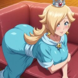 ai_generated big_ass big_breasts blonde_hair blue_dress blue_eyes blush busty couch curvy earrings female female_only from_above hi_res highres long_hair mario_(series) nintendo pony_diffusion_xl posing princess_dress princess_rosalina seraphim_ai side_view smile sofa solo stable_diffusion star_earrings super_mario_galaxy tight_dress