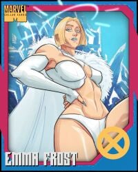 1girls artist_name blonde_hair blue_eyes blue_fingernails blue_lipstick cape cleavage curvy emma_frost fingerless_gloves light-skinned_female light_skin marvel marvel_comics mutant painted_fingernails painted_nails revealing_clothes sand_circles trading_card white_fur white_outfit white_queen x-men