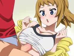 :o bare_shoulders blonde_hair blue_eyes blush bottomless breast_squeeze breasts censored cleavage female gundam gundam_build_fighters gundam_build_fighters_try highres hoshino_fumina jacket large_breasts looking_down lying mosaic_censoring open_jacket open_mouth paizuri paizuri_under_clothes penis ponytail silver_meteor simple_background sitting sitting_on_person solo_focus sports_bra sweatdrop yellow_jacket