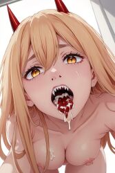 1girls ai_generated big_breasts blonde_hair blush breasts bukkake chainsaw_man cum cum_drip cum_dripping cum_dripping_from_breasts cum_dripping_from_mouth cum_in_mouth cum_on_body cum_on_breasts cum_on_face cute devil devil_horns doctork fangs female female_only horns long_hair naked naked_female nude nude_female open_mouth power_(chainsaw_man) red_horns ringed_eyes sharp_teeth snowballing tongue tongue_out upper_body viewed_from_below yellow_eyes