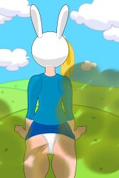 adventure_time ass ass_focus biting_lip blonde_hair blue_shirt blue_skirt bunny_ears embarrassed fart fart_fetish fionna_the_human_girl grass hat in_public outside panties smell smelly stinkify white_hat white_panties