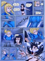 2girls air_bubbles black_hair bleeding blonde_hair blood blue_eyes breasts brown_eyes comic english_text female female_only geldibson metroid multiple_girls original_characters samus_aran stabbed underwater wound wounded