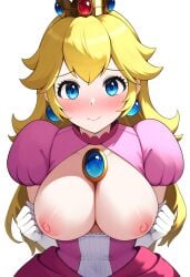 2d aerolae ai_generated blonde_hair blush breasts breasts_focus crown execro female flashing_breasts highres mario_(series) nintendo nipples novelai pink_nipples pov pov_male presenting_breasts princess princess_peach solo super_mario_bros. super_smash_bros. uncensored