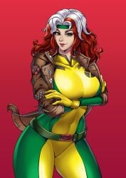 1girls anna_marie artist_signature belt brown_hair busty curvy gloves headband jacket light-skinned_female light_skin marvel marvel_comics mutant patch_(fabric) pins rogue_(x-men) superheroine thick_thighs thotlerrr treartz white_hair x-men