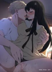 1boy 2girls anya_(spy_x_family) anya_forger artist_name bedroom black_hair black_panties blonde_hair blush closed_eyes dress faceless faceless_male fingering french_kiss grabbing grabbing_another's_breast hair_down husband_and_wife indoors kissing kohei_moriya long_hair long_sleeves multiple_girls panties pink_hair sex shirt short_hair spy_x_family straight t-shirt twilight_(spy_x_family) underwear walk-in watermark white_shirt yellow_dress yor_briar