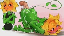 2koma anotherpicq ass_up black_leotard blush blush_lines blushing_female covered_in_cum cum_on_body english_text freckles freckles_on_face gag gagged heart leaves leaves_on_body leotard looking_up plant plant_girl plant_humanoid plants_vs_zombies plants_vs_zombies:_heroes solar_flare_(pvz) sunflower tail text tied tied_hands tied_thighs tied_up top_down