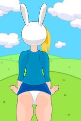 adventure_time ass ass_focus biting_lip blonde_hair blue_shirt blue_skirt bunny_ears embarrassed fionna_the_human_girl grass hat in_public outside panties stinkify white_hat white_panties