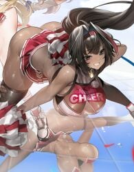 absurdres ass bare_shoulders bay_(nikke) blush breasts brown_eyes brown_hair cheerleader cropped dark-skinned_female dark_skin female goddess_of_victory:_nikke grin highres large_breasts leaning_forward long_hair looking_at_viewer ponytail skirt smile solo_focus teddy_(khanshin) underboob